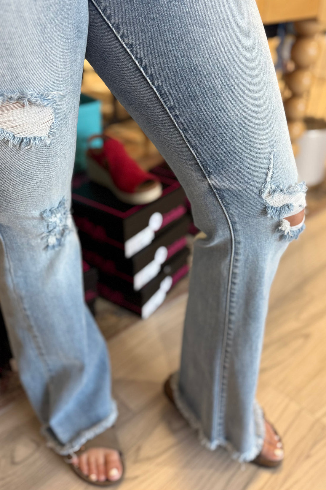 High Waist Light Wash Distressed Flare Jean JEANS JUDY BLUE