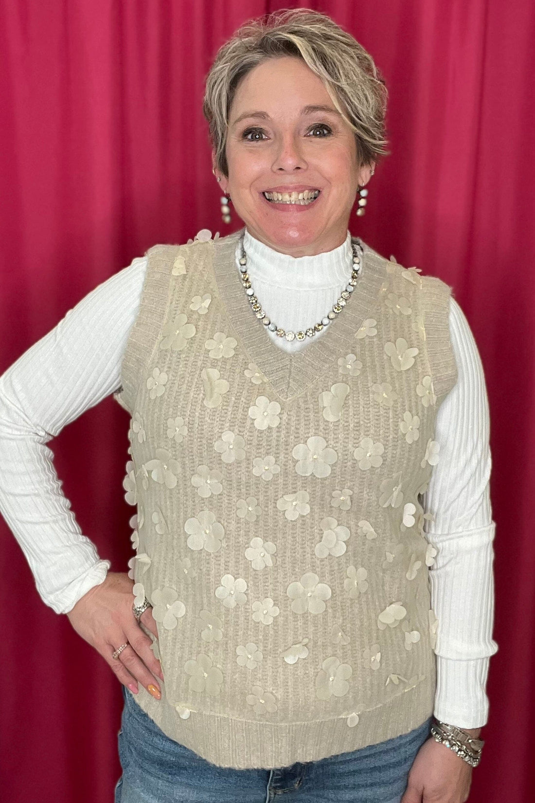 Floral Mesh Sweater Vest w/Flowers OUTFIT COMPLETER CHARLIEB 