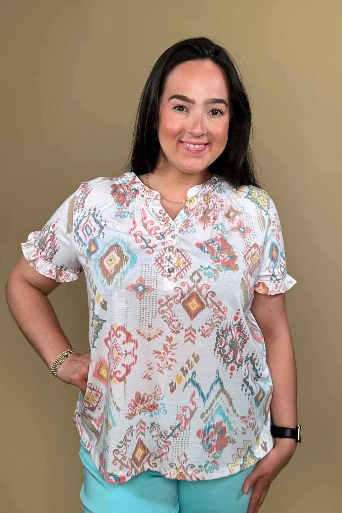 Short Ruffle Sleeve Printed Top MISSY TOP SPECIAL SOUTHERN LADY 