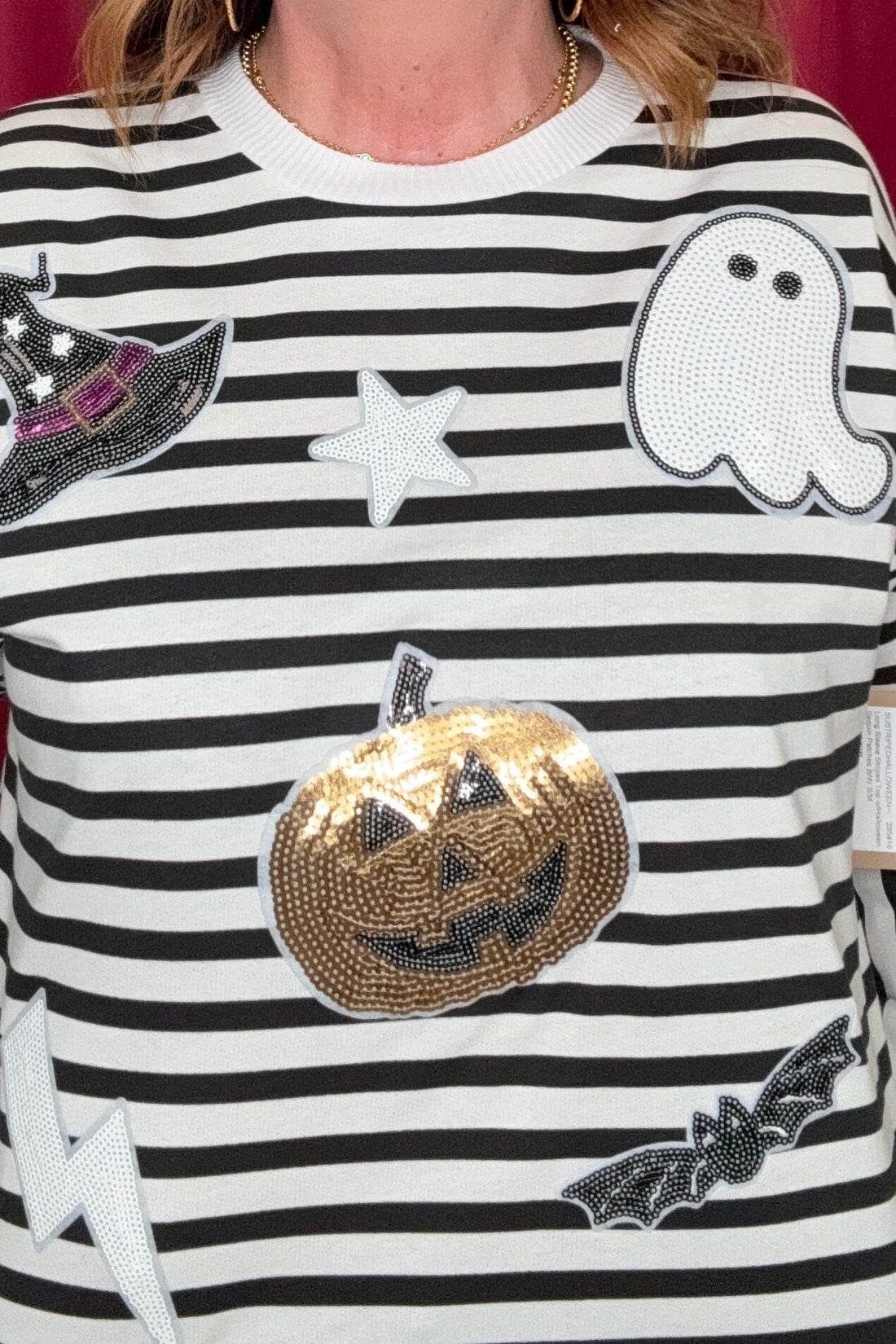 Long Sleeve Striped Top w/Halloween Sequin Patches MISSY BASIC KNIT SUGAR STITCH 