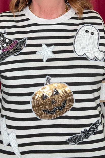 Long Sleeve Striped Top w/Halloween Sequin Patches MISSY BASIC KNIT SUGAR STITCH 