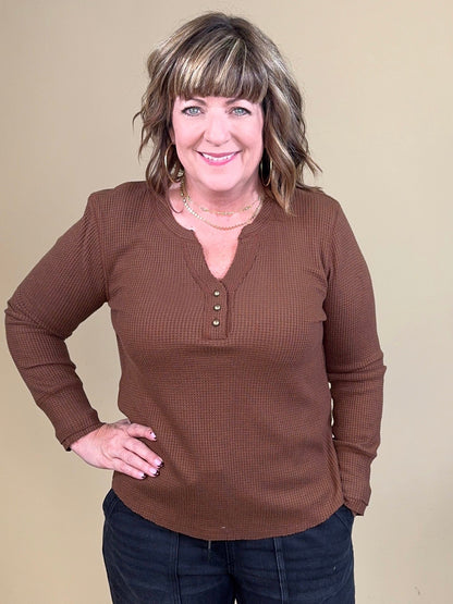 Brushed Waffle Knit Henley Long Sleeve Top - Chocolate MISSY BASIC KNIT:~~Unassigned~~ TRIBAL 