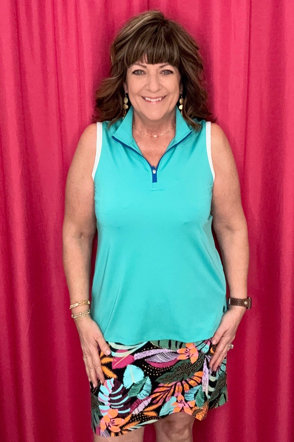 Sleeveless Zip Mock Neck Top UNDER TRIBAL BLUESURF XS 