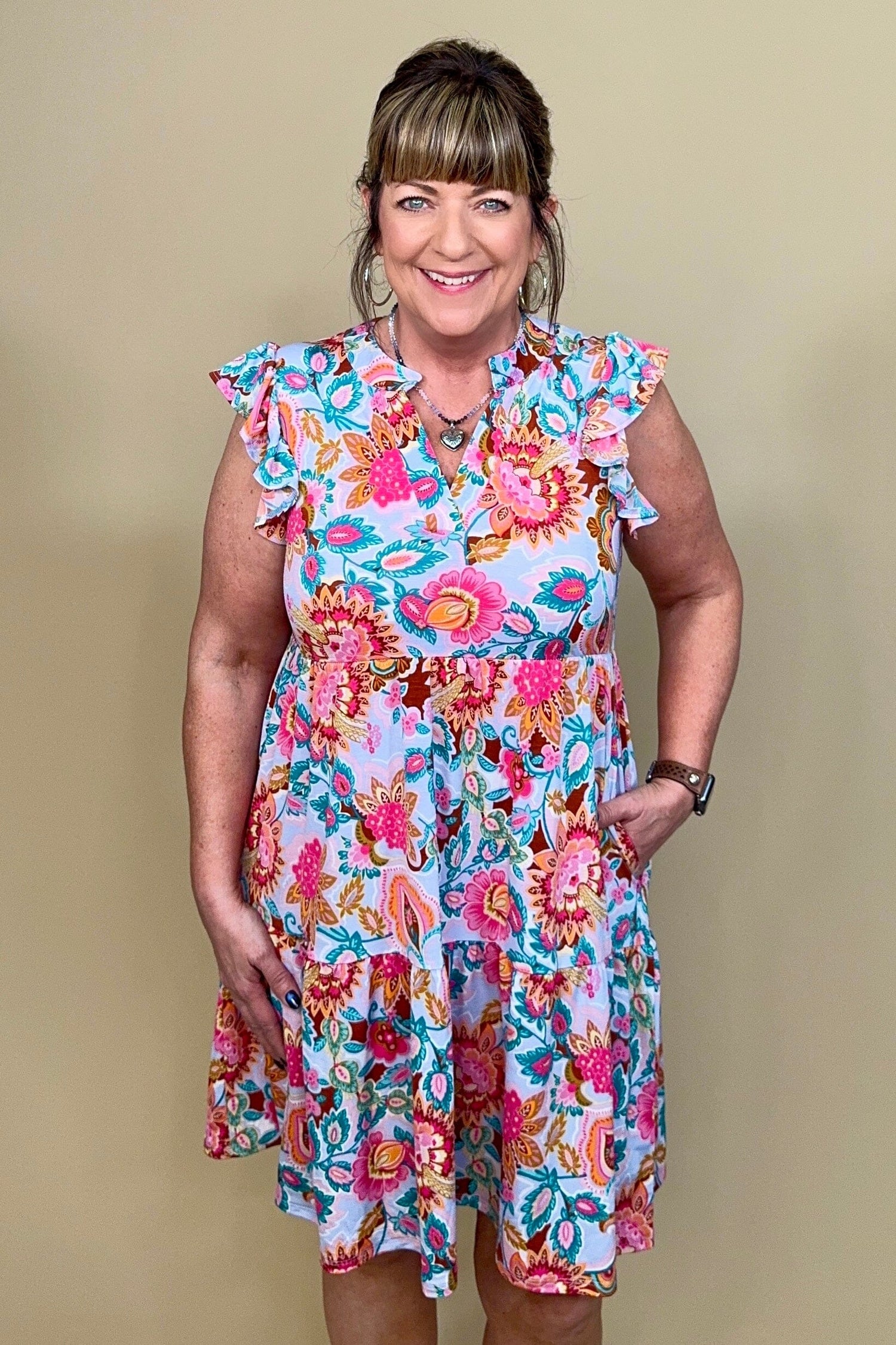 Split Neck Tiered Dress w/Ruffle Sleeve DRESS DEAR SCARLETT 