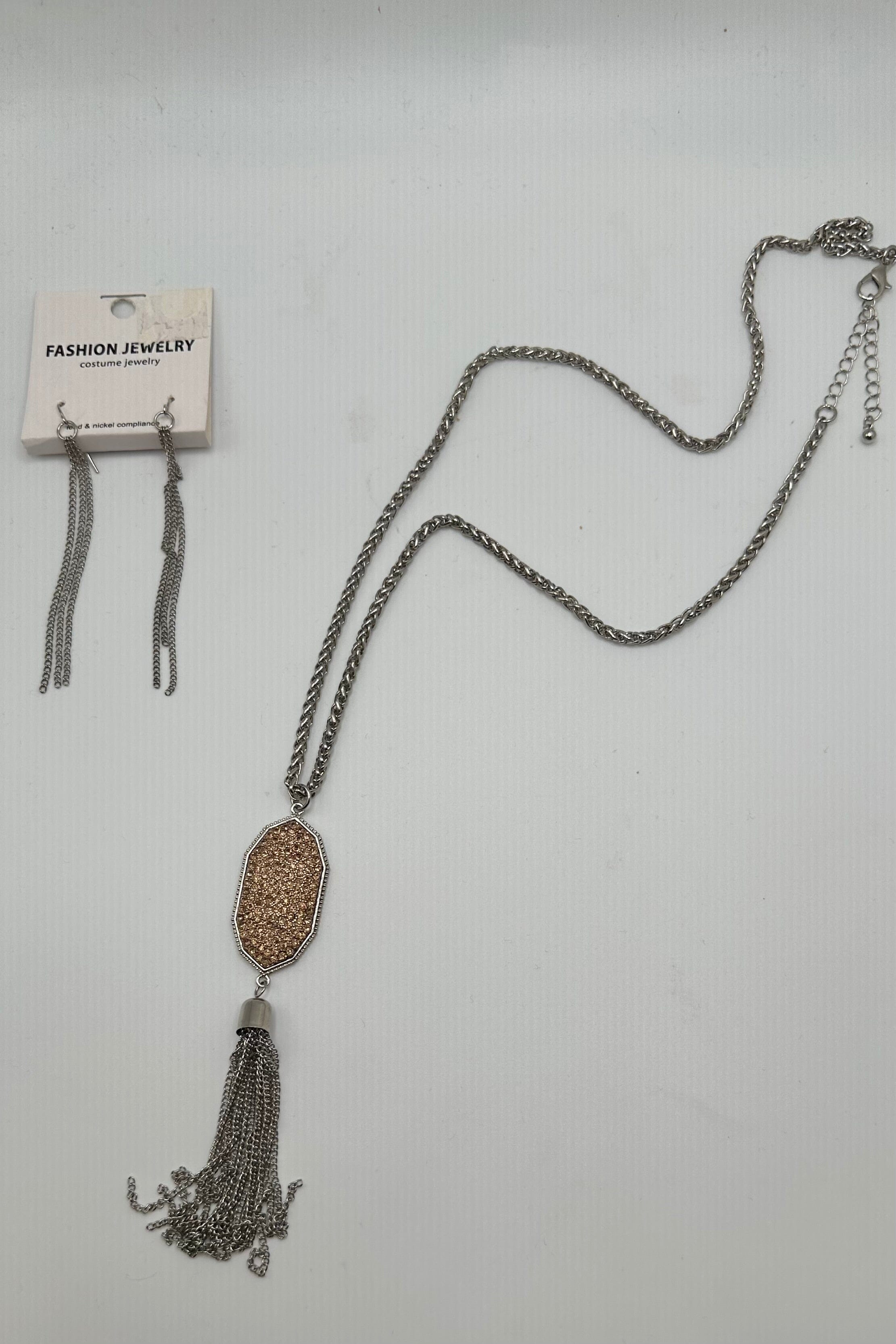 Gold Druzy &amp; Silver Tassel Necklace Set