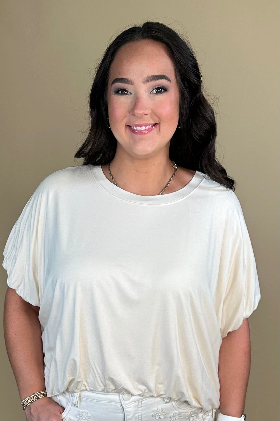Double Lined Bamboo Fabric Bubble Knit Top - Ivory JRTOP CASUAL TOP:~~Unassigned~~ UMGEE 