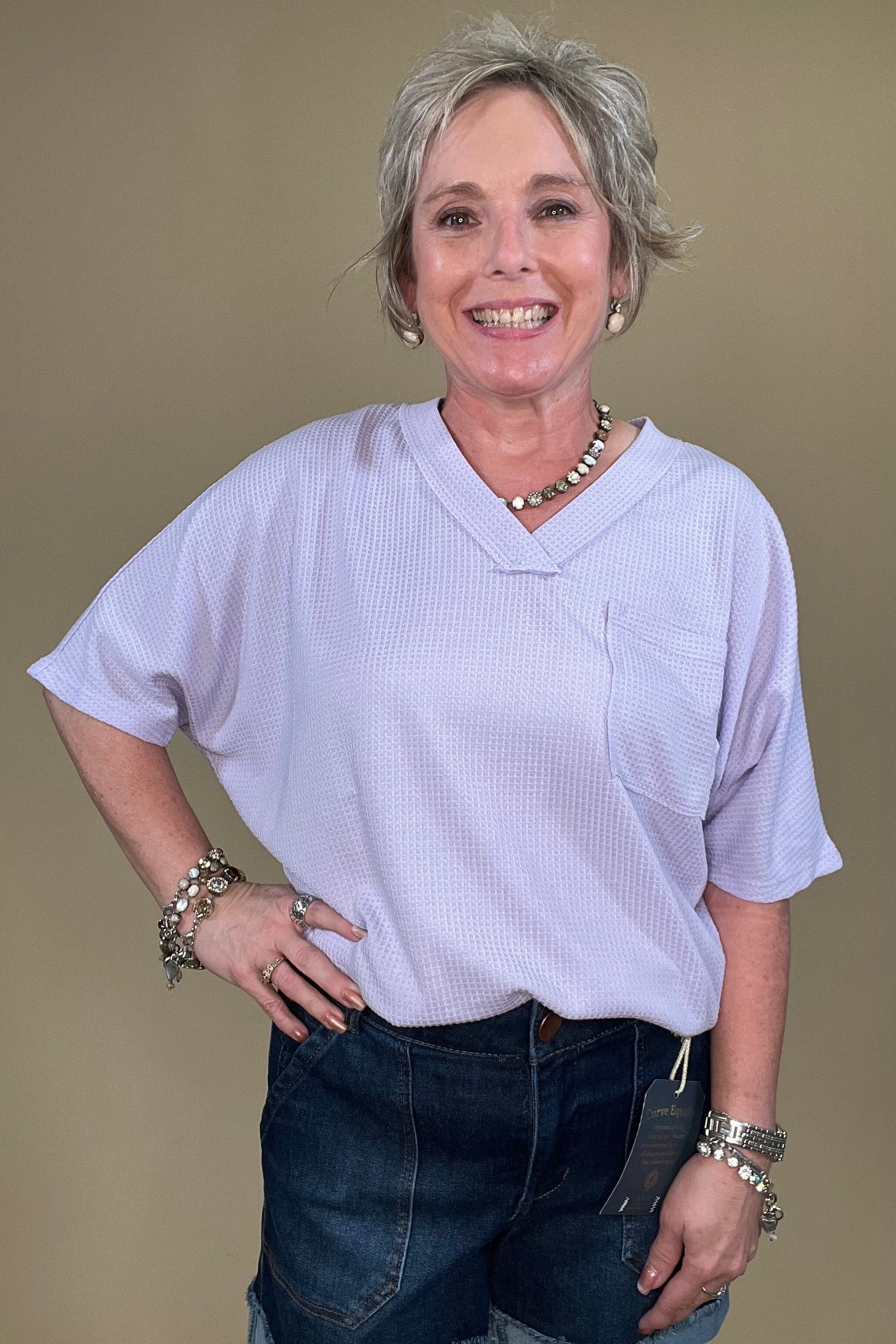 Short Sleeve Waffle Weave Top W/Pocket - Purple JRTOP CASUAL TOP DEAR SCARLETT 