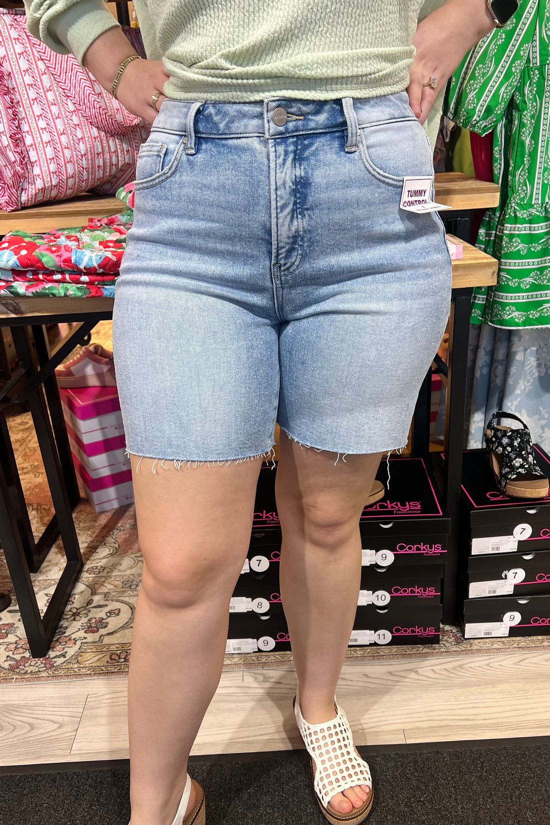 Tummy Control High Rise Mid-Length Raw Hem Shorts BOTTOMS RISEN