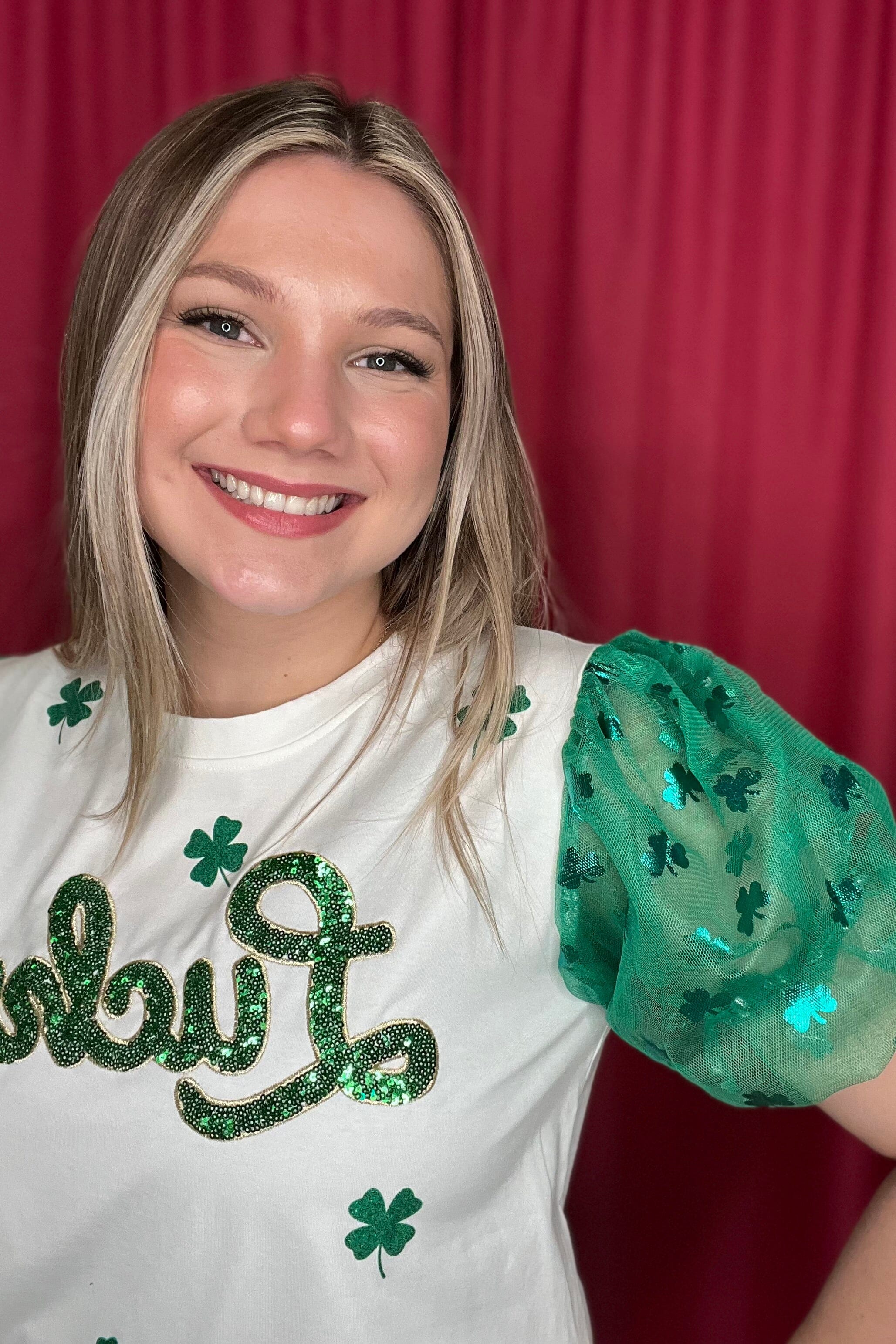 Sequin Lucky Crew Neck w/Shamrock Sleeves JRTOP CASUAL TOP SOUTHERN GRACE 