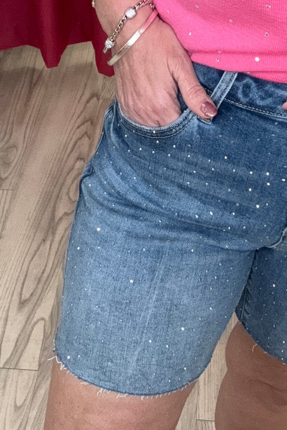 Slouchy Mid Length All Over Rhinestone Shorts BOTTOMS RISEN 