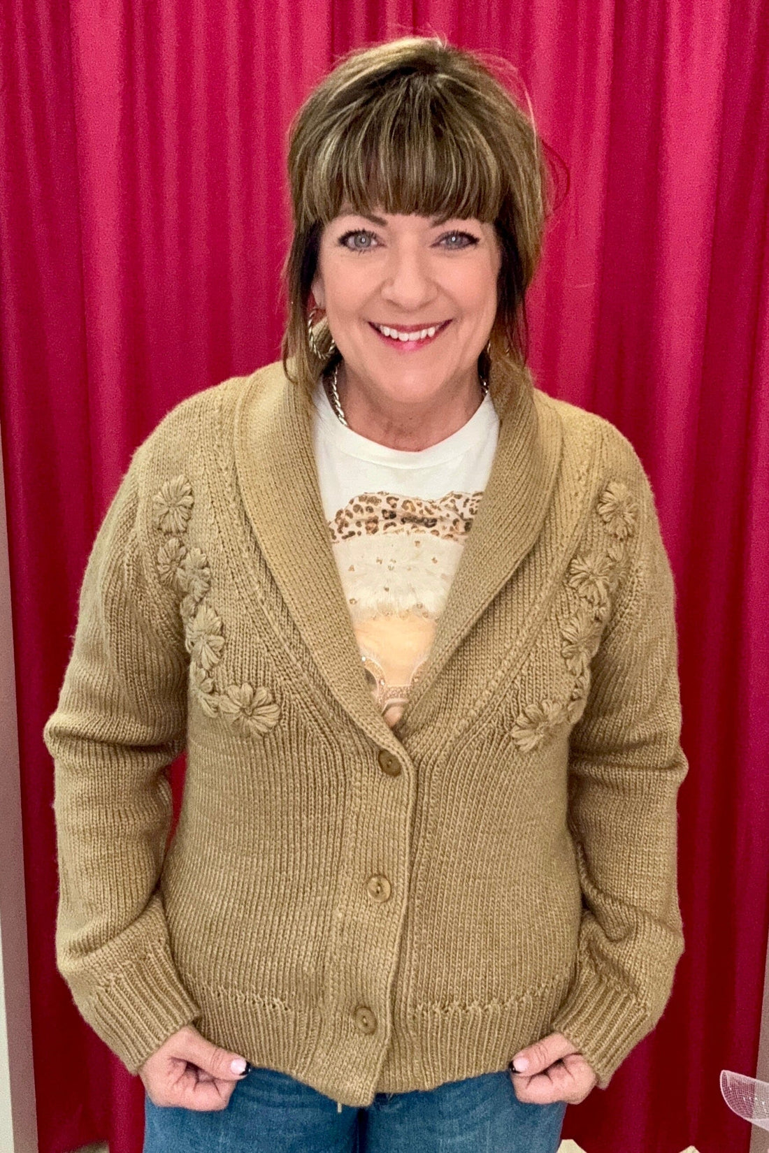 Long Sleeve Shawl Collar Button Down Cardigan w/Floral Embroidery OUTFIT COMPLETER DEMOCRACY 