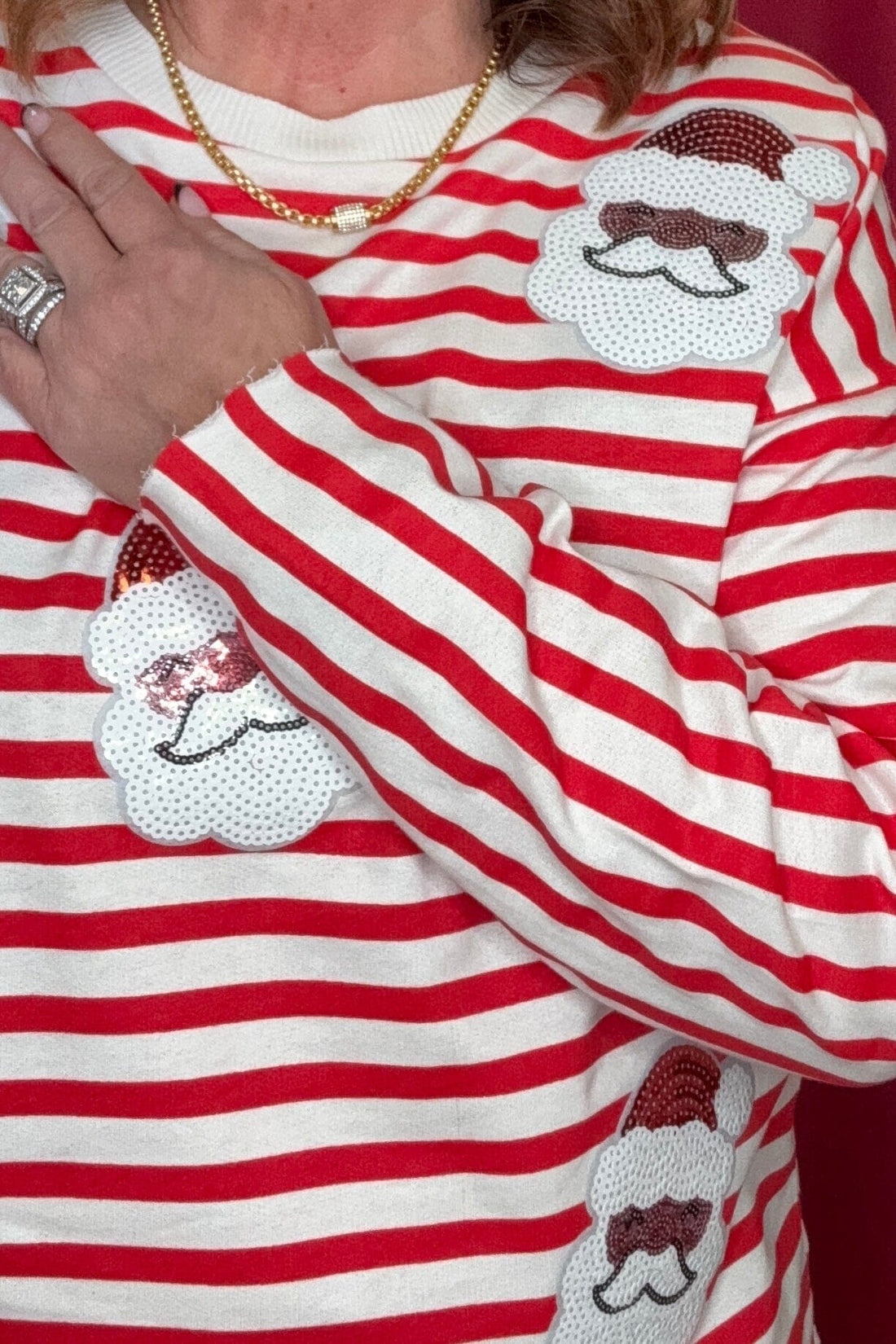 Long Sleeve Striped Top w/Sequin Santa Patches MISSY BASIC KNIT SUGAR STITCH 