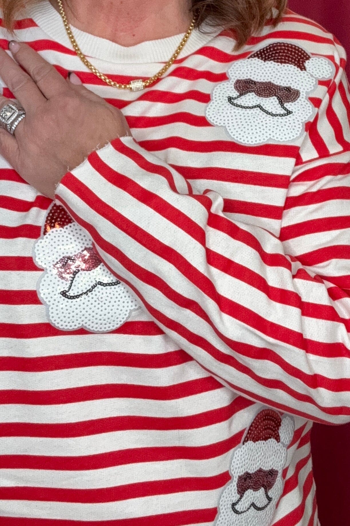 Long Sleeve Striped Top w/Sequin Santa Patches MISSY BASIC KNIT SUGAR STITCH 