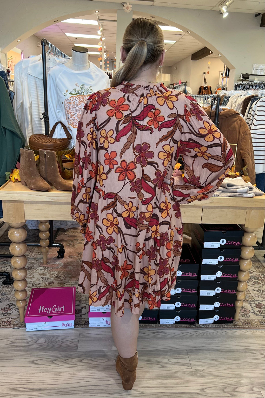 Long Sleeve V-Neck Printed Dress DRESS EASEL 