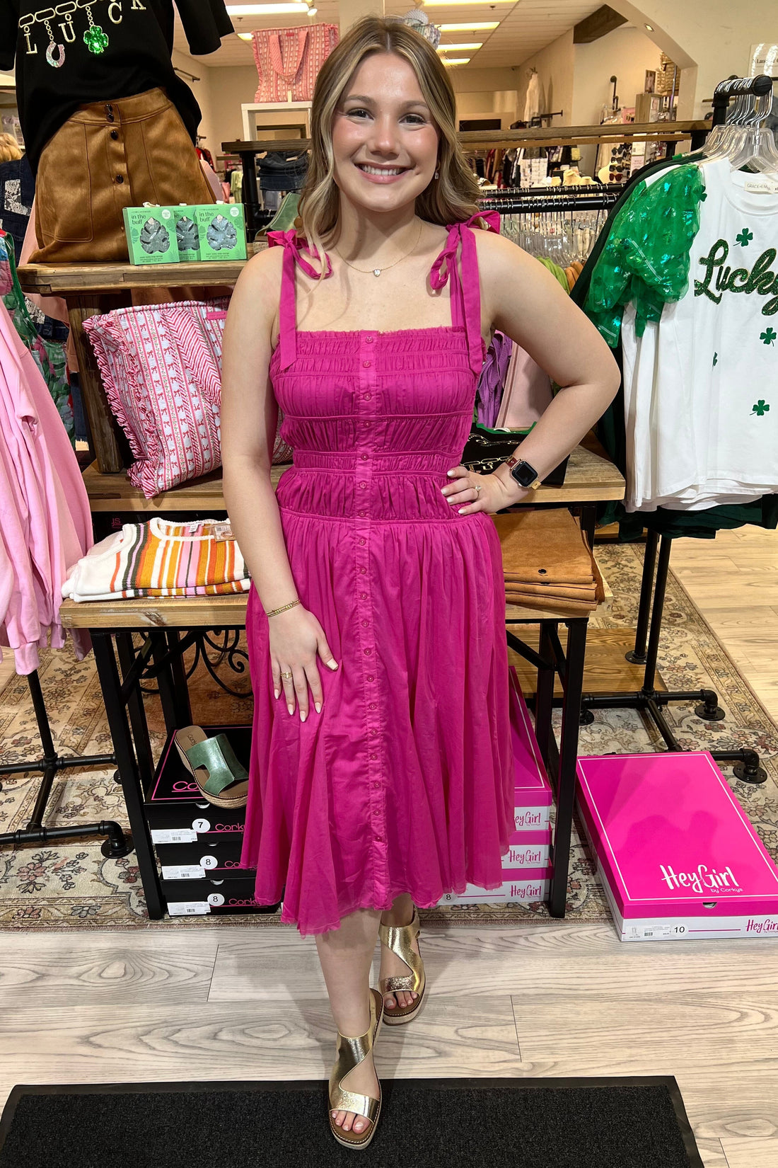 Sleeveless Adjustable Straps Smock Tiered Midi Dress DRESS WHOLESALE FASHION TRENDS