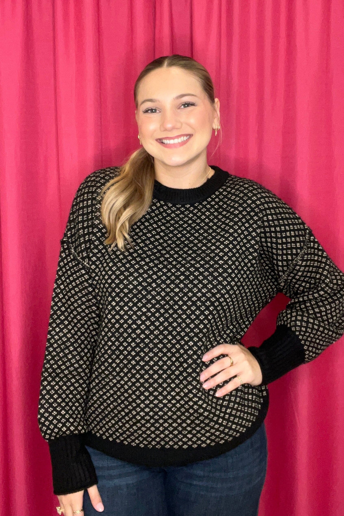 Long Sleeve Jacquard Crew Neck Sweater SWEATER BLUPEPPER