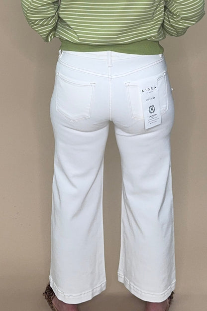 White Mid Rise Crop Flower Detail Pants BOTTOMS RISEN 