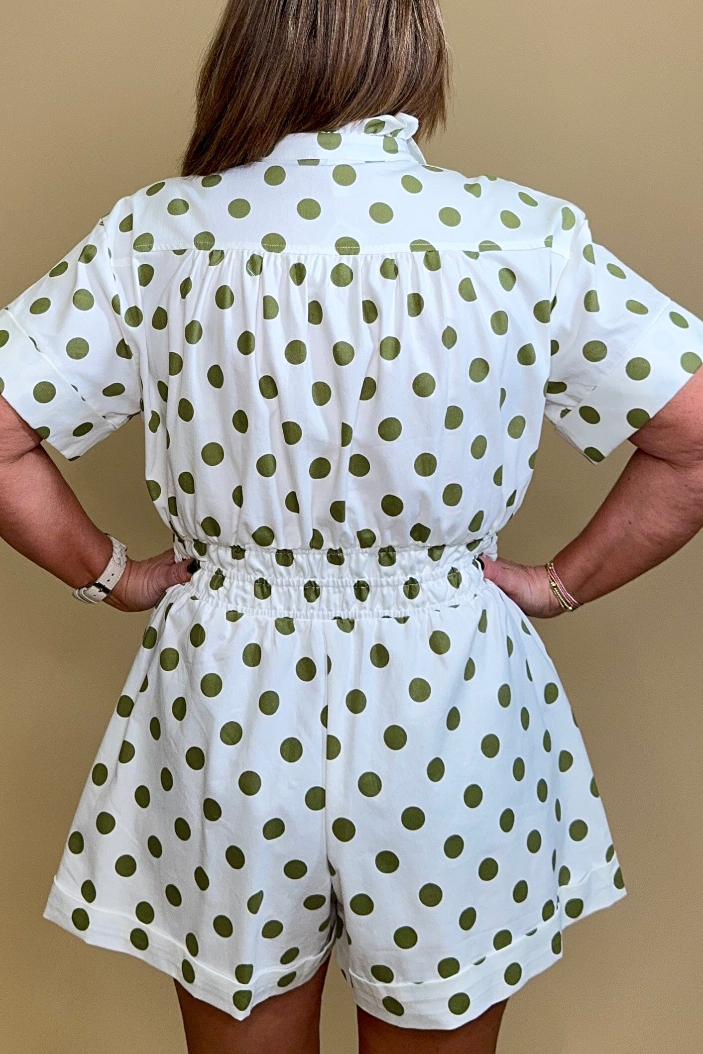 Ruffle Neck Button Down Elastic Waist Romper DRESS GLAM 