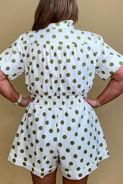Ruffle Neck Button Down Elastic Waist Romper DRESS GLAM 