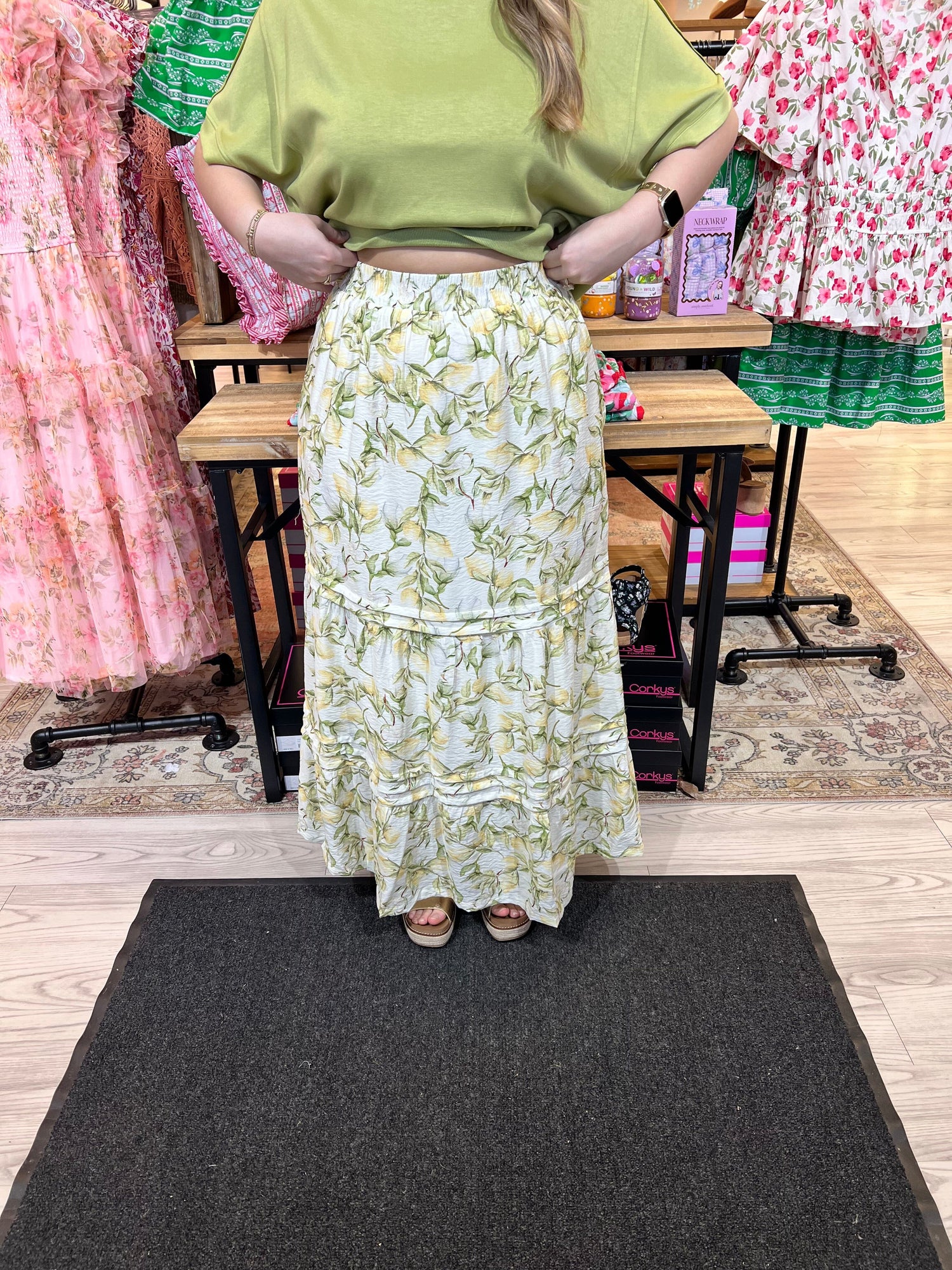 Woven Print Long Tiered Skirt w/Pleat Detail BOTTOMS SHE&amp;SKY 