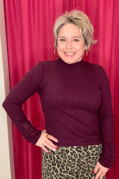Long Sleeve Mock Neck Knit Top w/Button MISSY BASIC KNIT LIVERPOOL WINEBERRY XS 