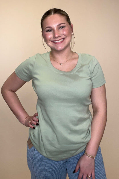 Short Sleeve Scoop Neck Top - Sage Green MISSY BASIC KNIT KEREN HART 