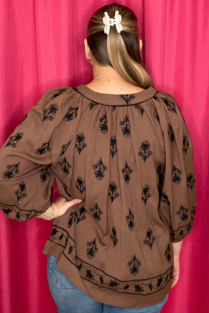 3/4 Puff Sleeve V-Neck Textured Top JR TOP DRESSY UMGEE 