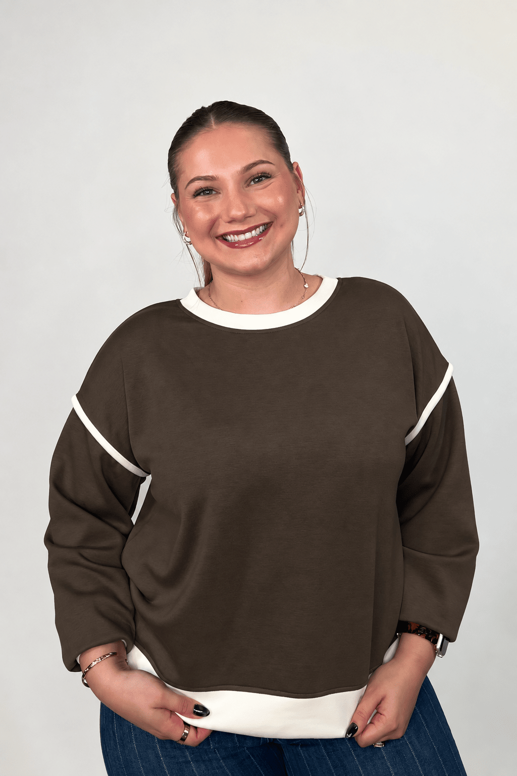 Scuba Contrast Trim Sweatshirt - Coffee JRTOP CASUAL TOP:~~Unassigned~~ ZENANA 