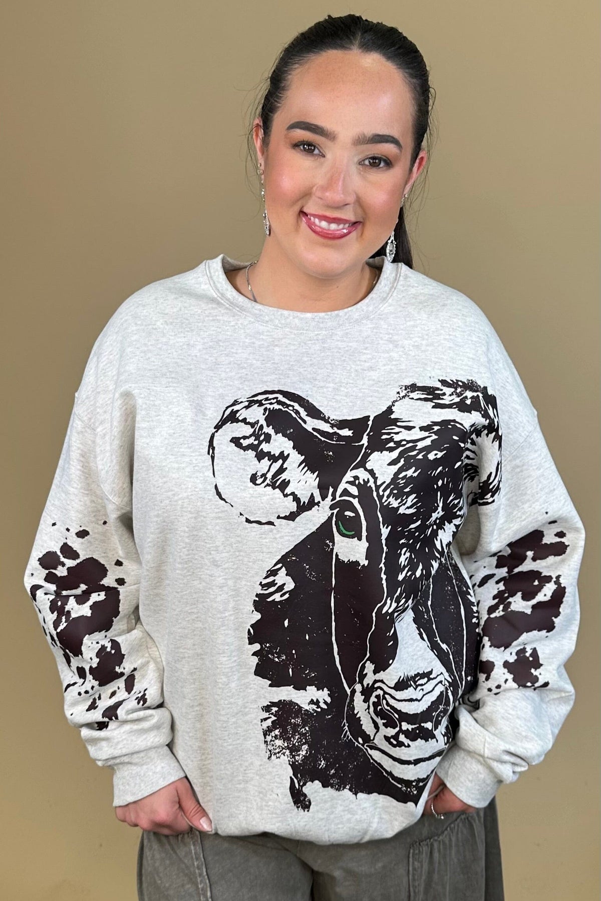 Big Brown Cow Crew Neck Sweatshirt MISSY BASIC KNIT:~~Unassigned~~ ENVEE MEE 