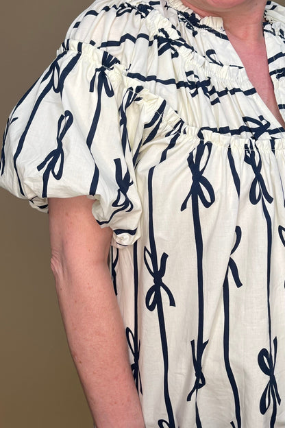 Ribbon Print Shirring Neckline Top JR TOP DRESSY UMGEE 