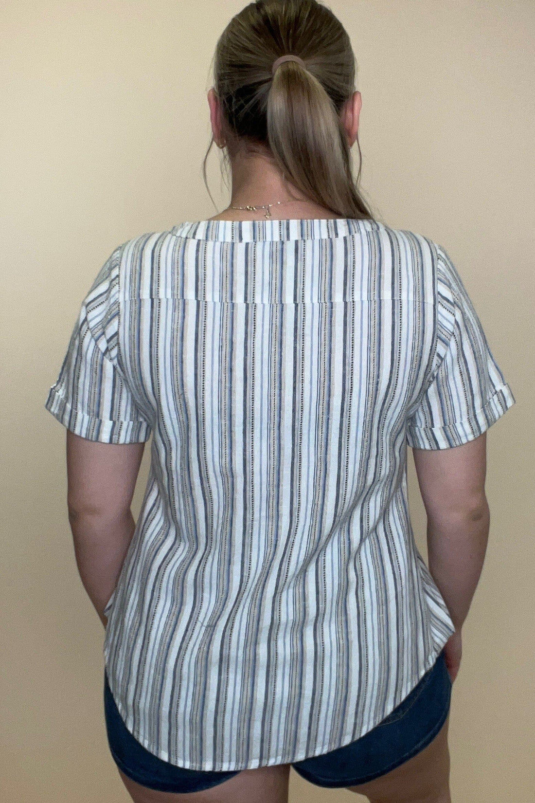 Short Sleeve Striped Button Down MISSY TOP SPECIAL KEREN HART 