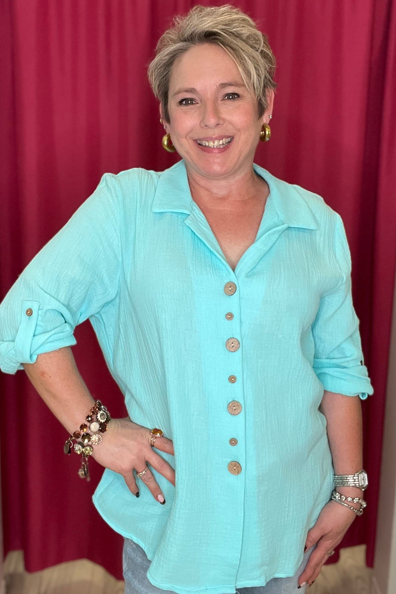 Gauze 3/4 Sleeve Top w/Big &amp; Little Buttons MISSY TOP SPECIAL CREATION 