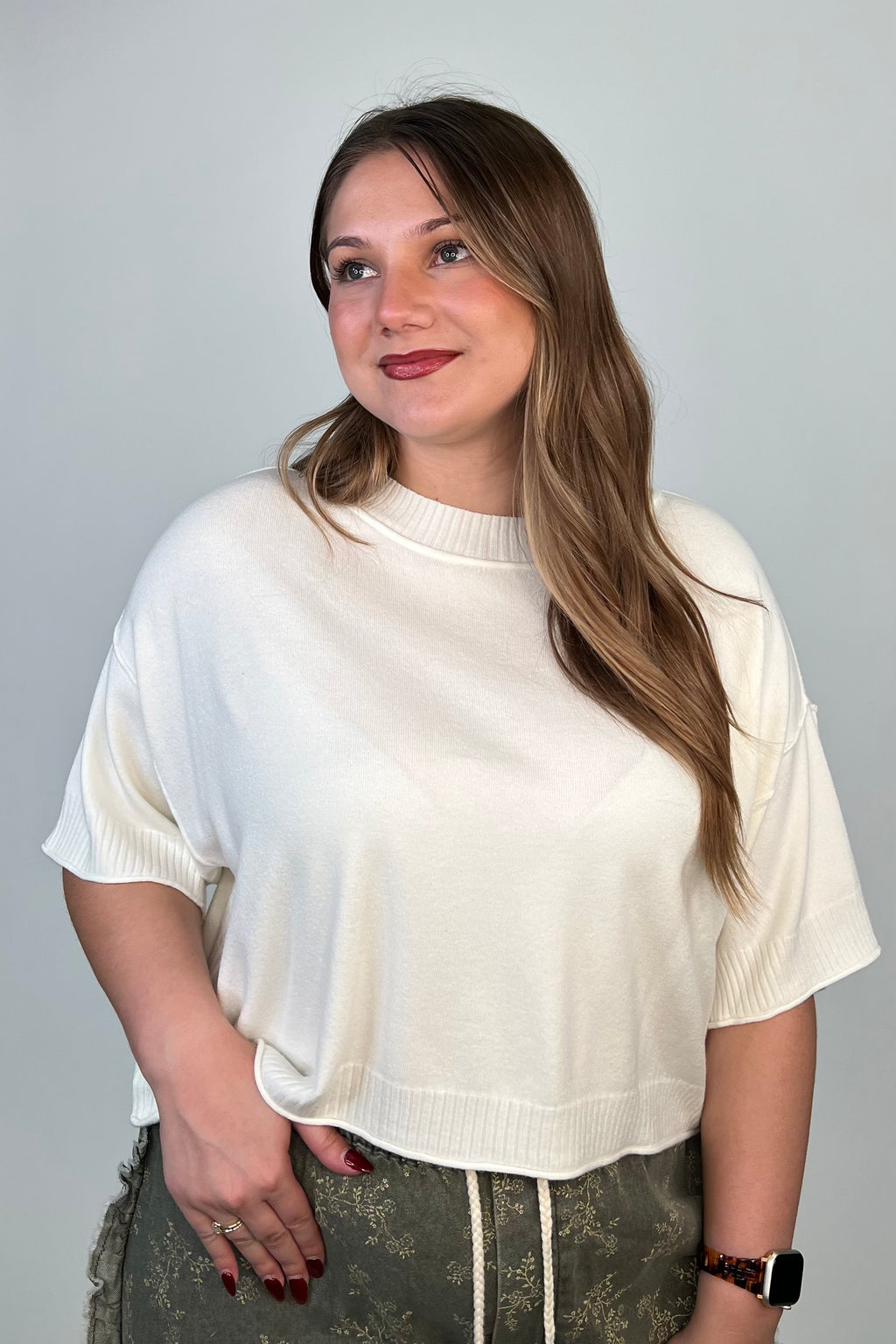 Mock Neck Short Sleeve Sweater - Cream