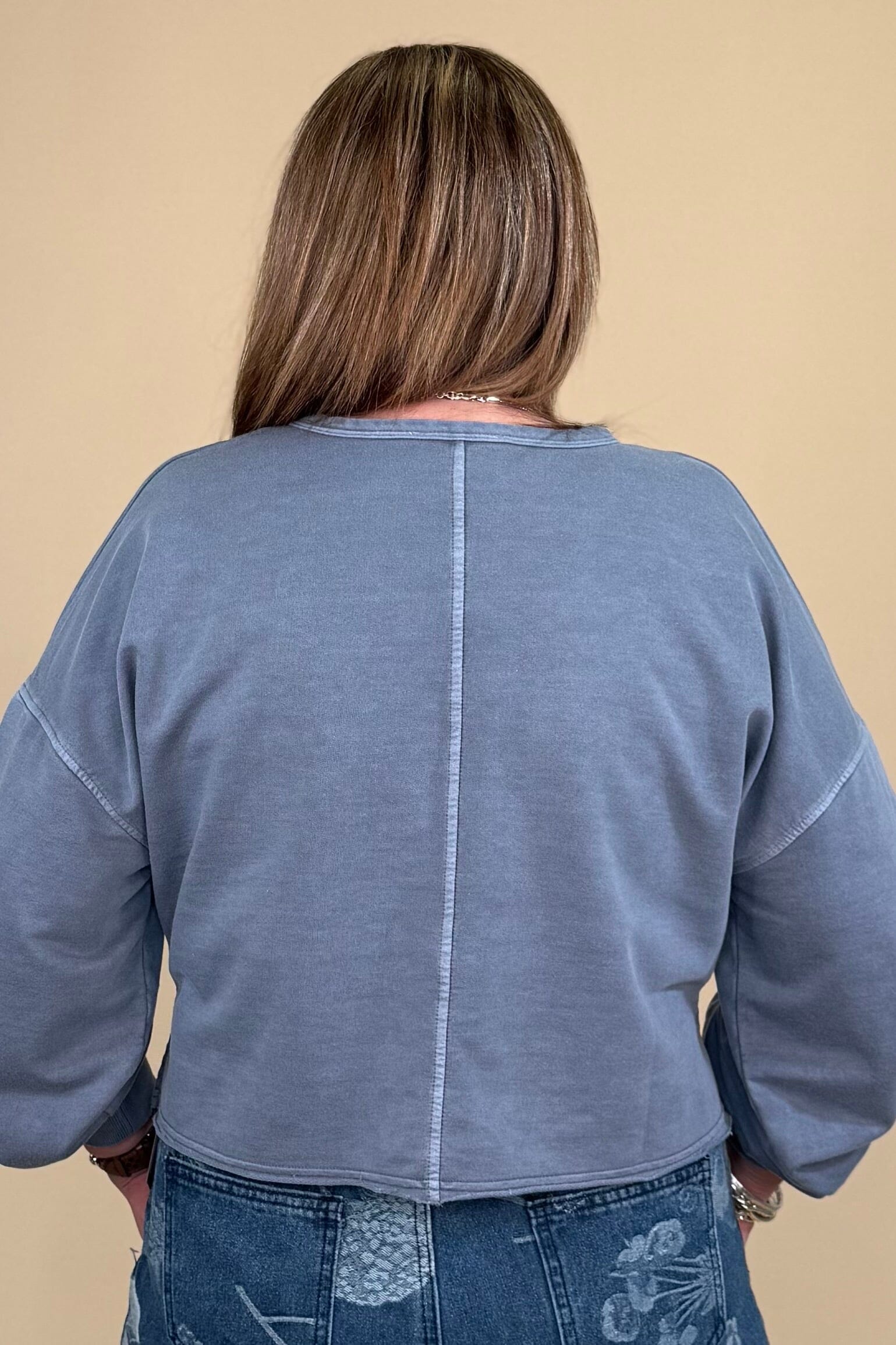 Raw Edge Cropped V Neck Sweatshirt - Blue JRTOP CASUAL TOP BLUPEPPER 