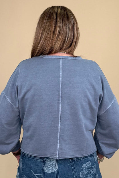 Raw Edge Cropped V Neck Sweatshirt - Blue JRTOP CASUAL TOP BLUPEPPER 