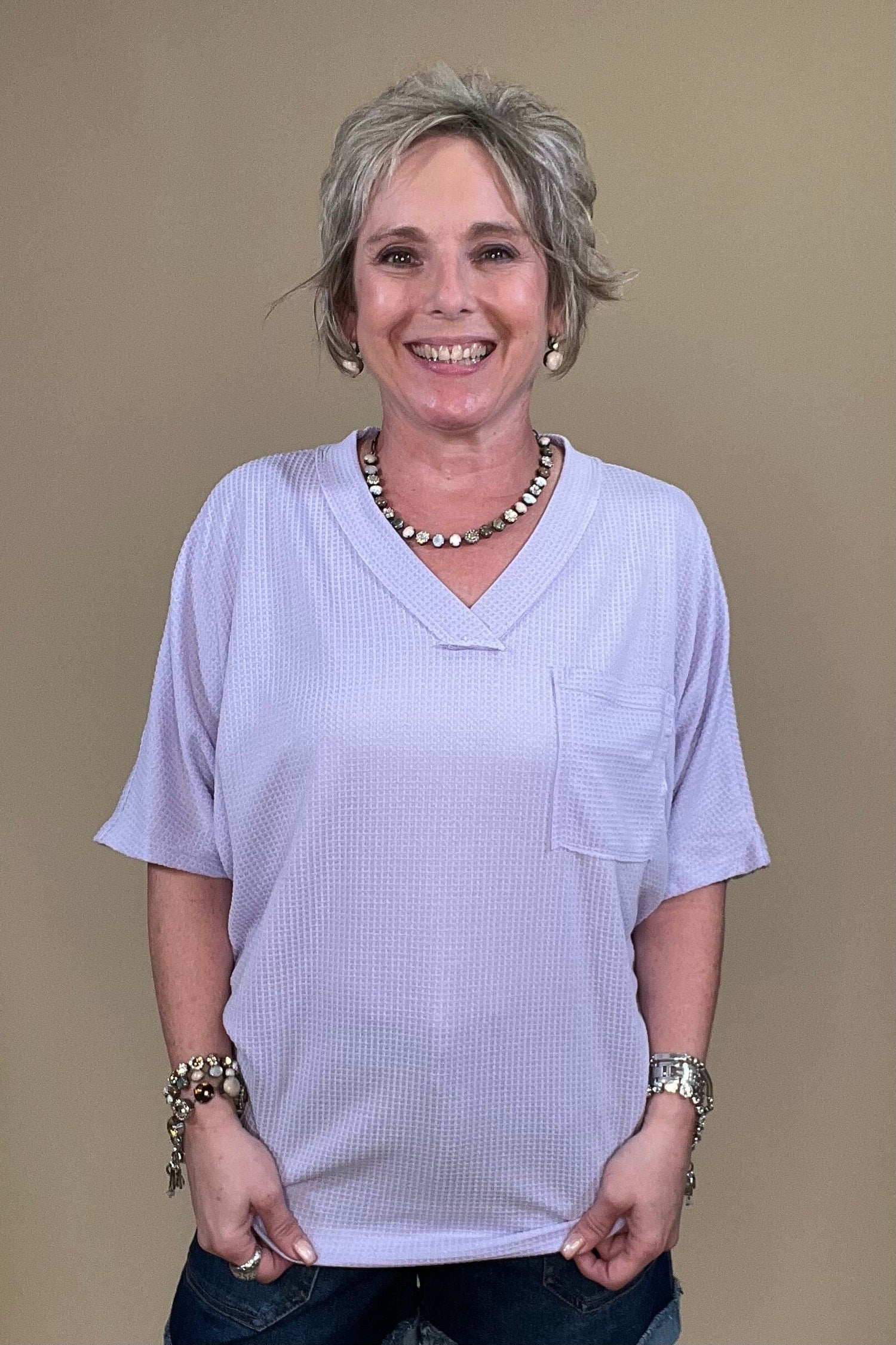 Short Sleeve Waffle Weave Top W/Pocket - Purple JRTOP CASUAL TOP DEAR SCARLETT 
