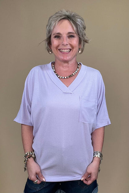 Short Sleeve Waffle Weave Top W/Pocket - Purple JRTOP CASUAL TOP DEAR SCARLETT 