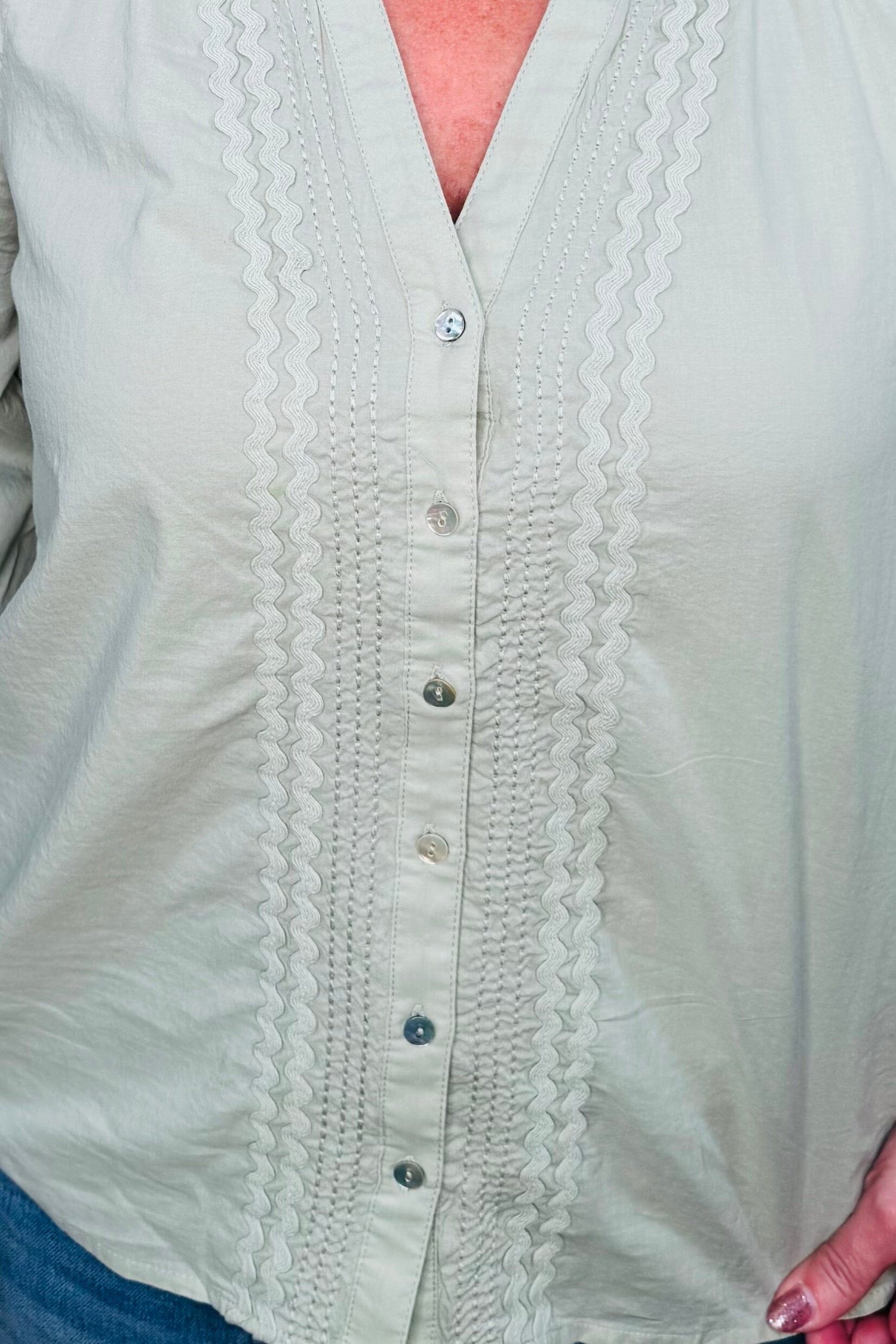 3/4 Sleeve Button Front Top w/Rick Rack Detail MISSY TOP SPECIAL LIVERPOOL 