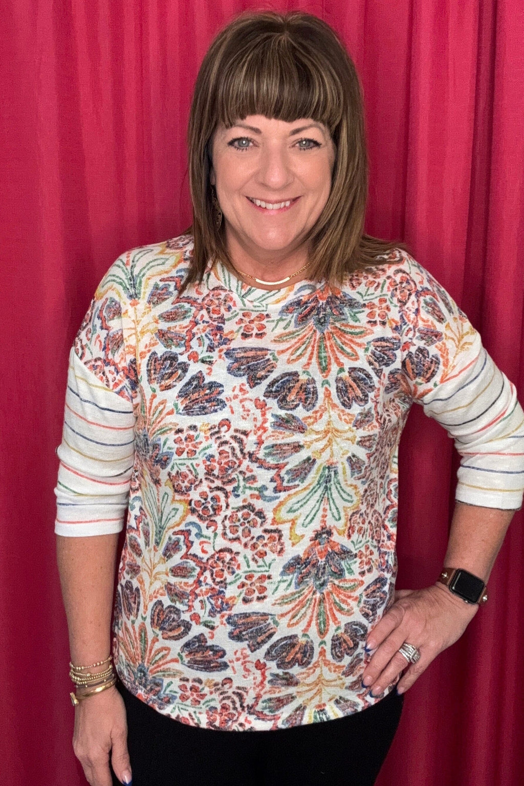 3/4 Sleeve Crew Neck Top MISSY TOP SPECIAL TRIBAL CORALRED XS 
