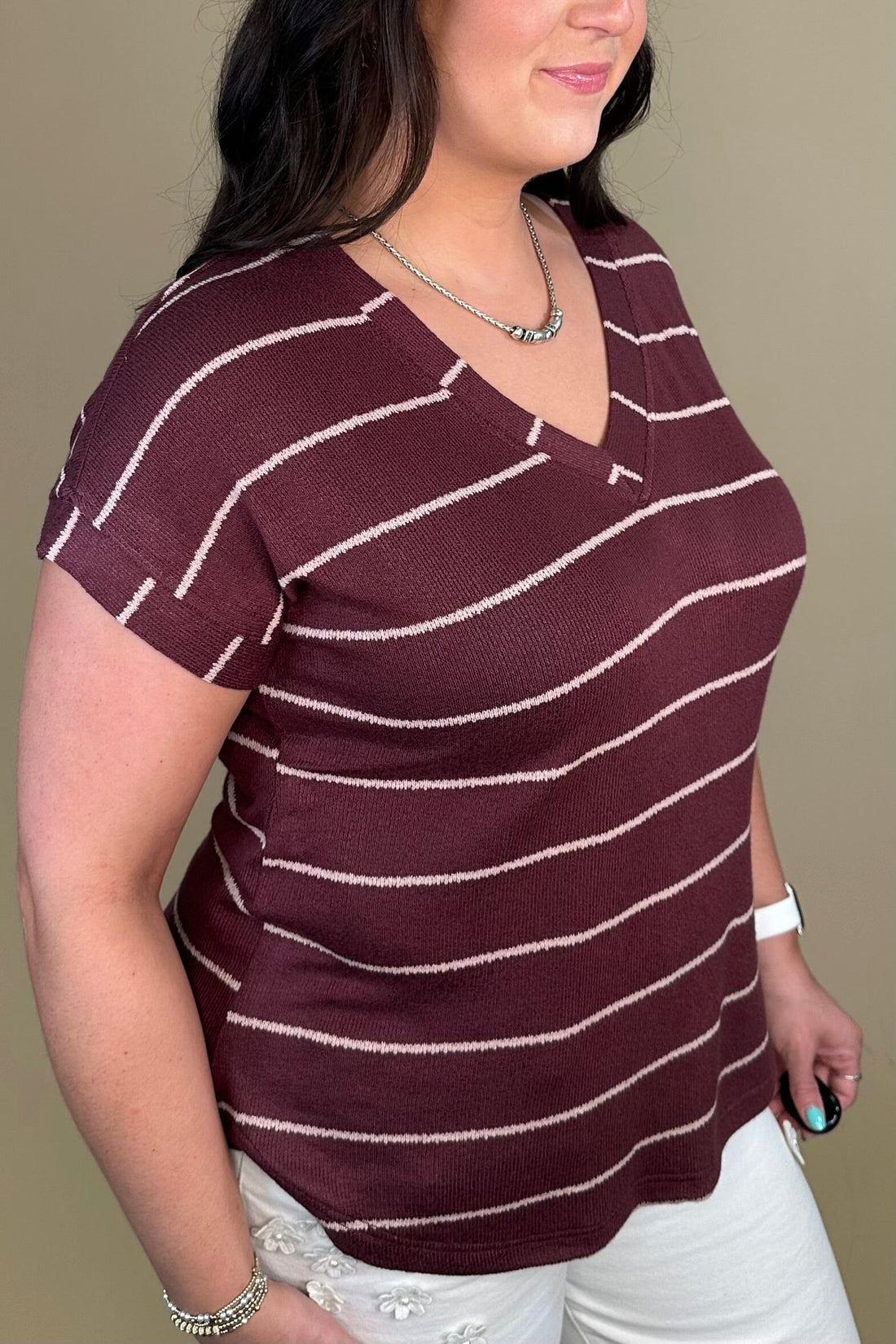 Striped V Neck Cuff Sleeve Top - Burgundy JRTOP CASUAL TOP:~~Unassigned~~ BLUPEPPER 