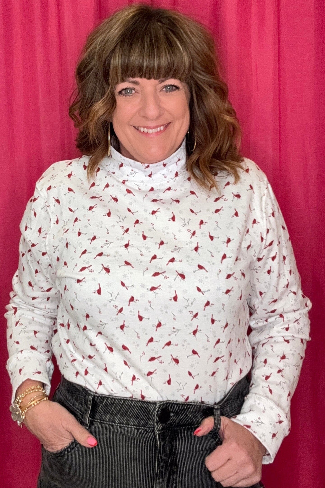 Long Sleeve Mock Neck w/Cardinals MISSY TOP SPECIAL SOUTHERN LADY