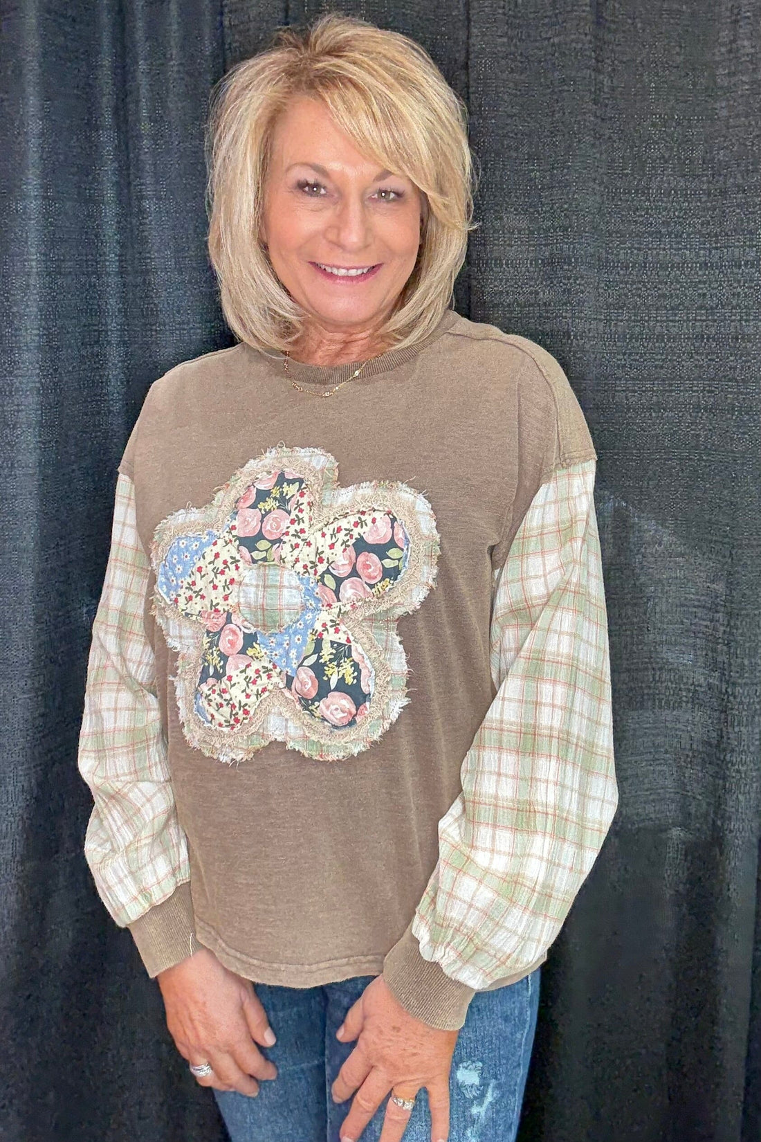 Long Sleeve Flower Patch Sweater JRTOP CASUAL TOP EASEL 
