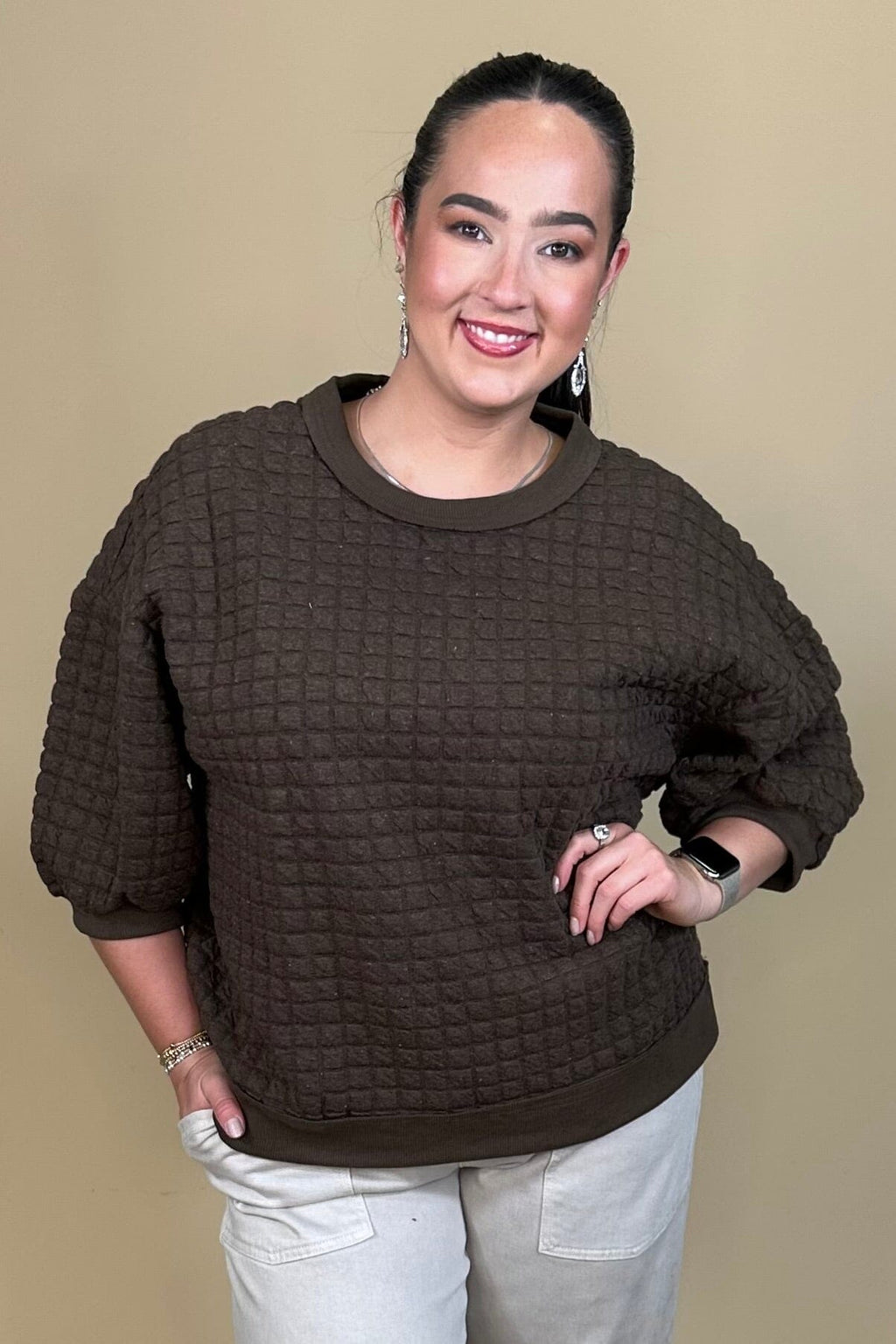 Confetti Quilted 3/4 Sleeve Pullover JRTOP CASUAL TOP:~~Unassigned~~ UMGEE 