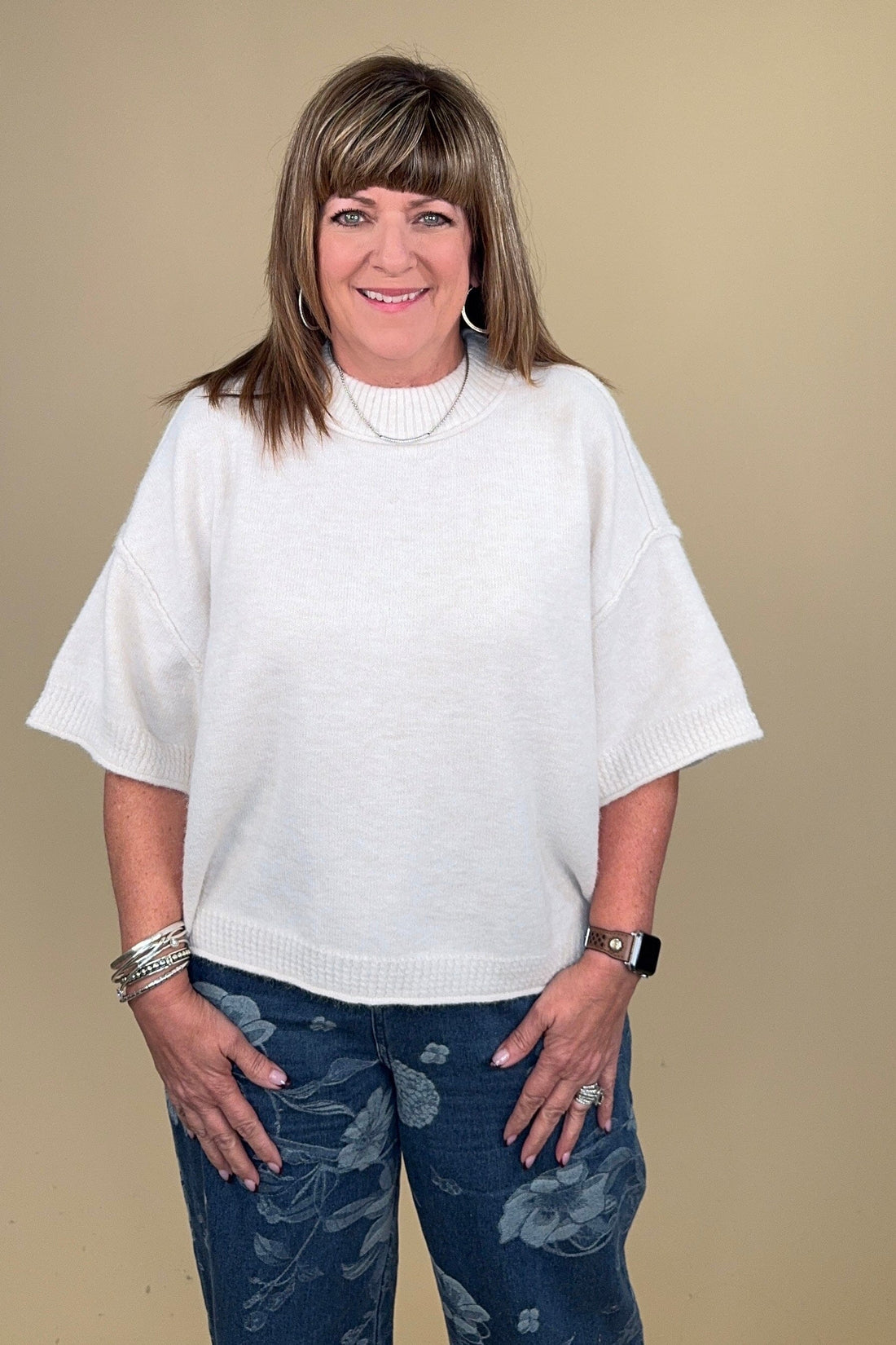 Lofty Elbow Sleeve Crew Neck Cream Sweater MISSY TOP SPECIAL TRIBAL
