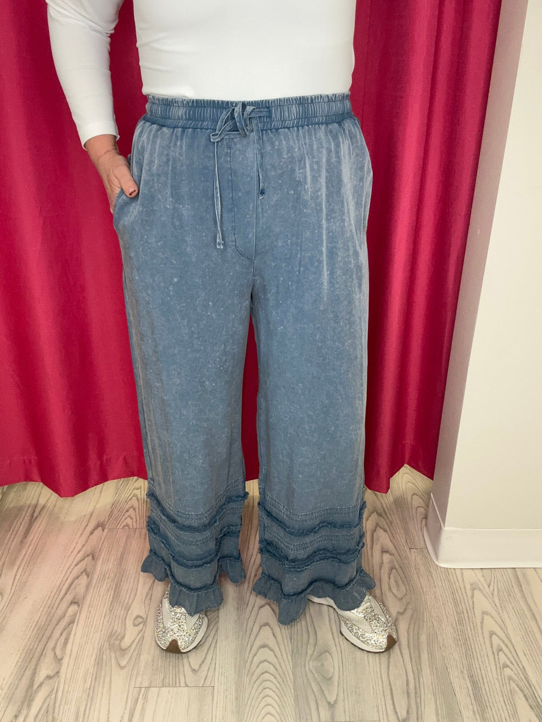 Elastic Waist Band w/String & Ruffle Bottom Pants BOTTOMS BLUEVELVET