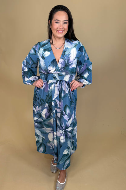 Long Sleeve Printed Dress w/Smoked Waist