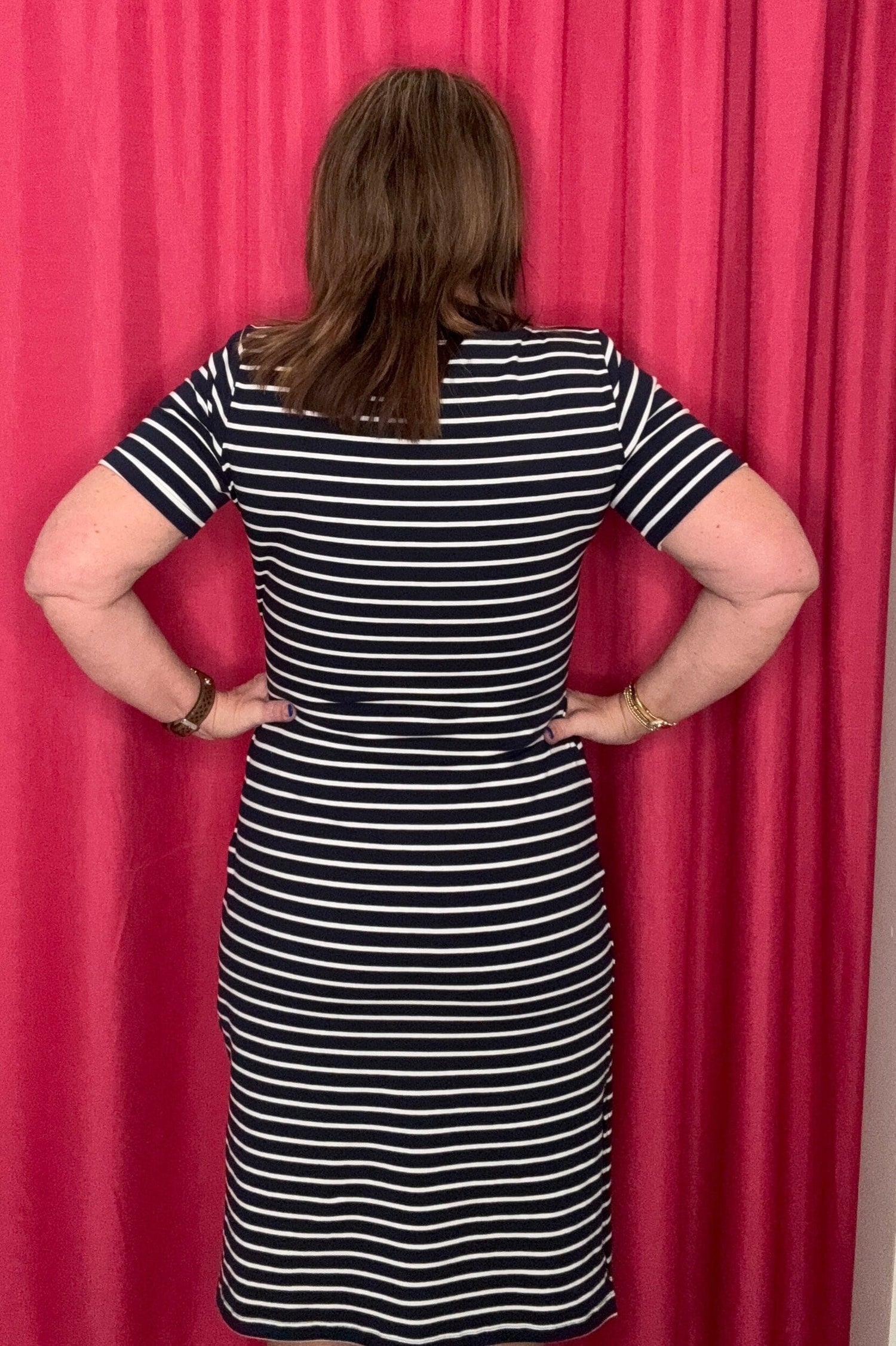 Striped Short Sleeve w/Cuff, Boat Neck Dress w/Tie DRESS CHARLIEB 