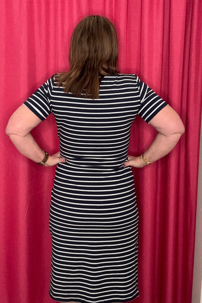 Striped Short Sleeve w/Cuff, Boat Neck Dress w/Tie DRESS CHARLIEB 