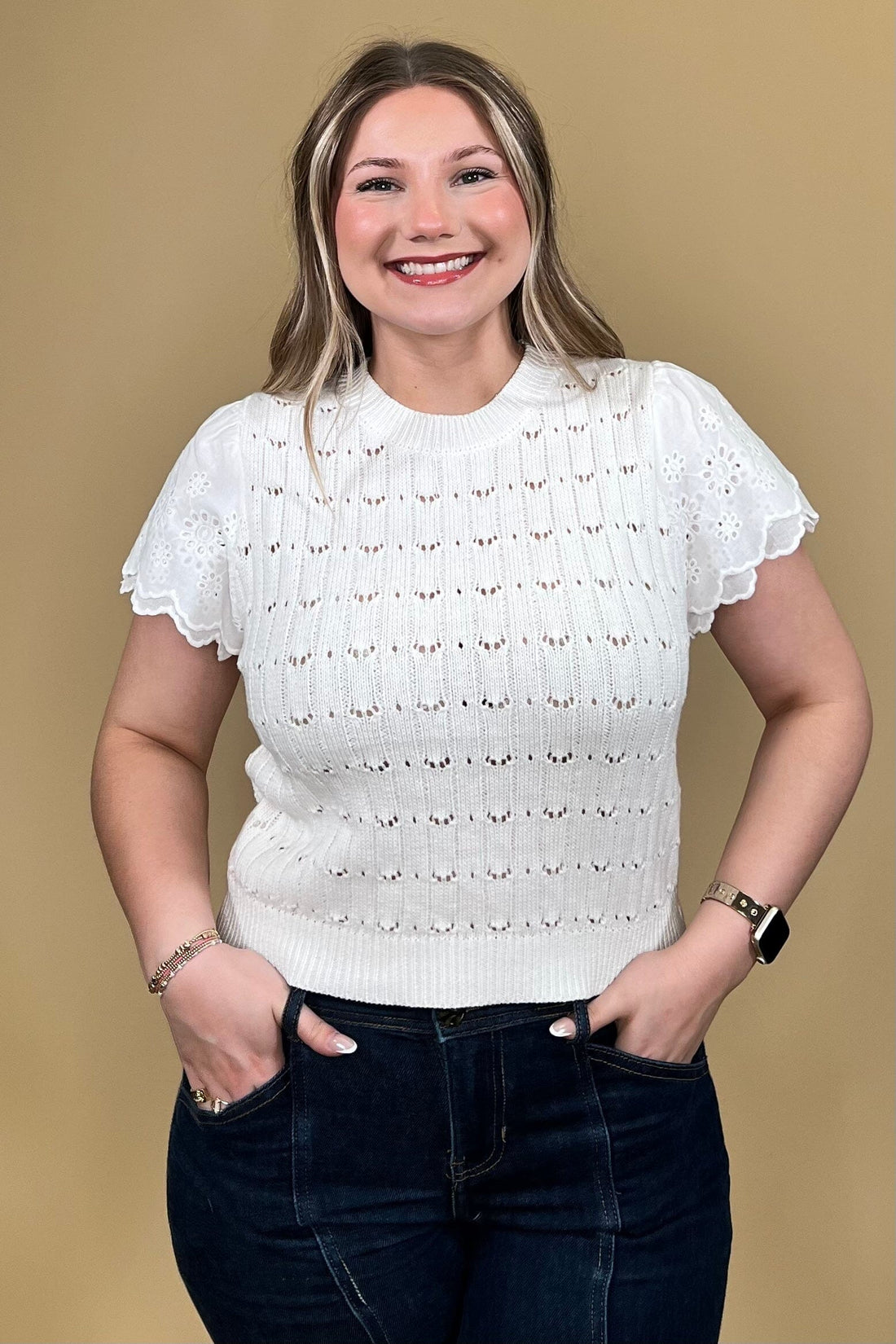 Short Eyelet Sleeve Sweater JR TOP DRESSY DREAMERS 