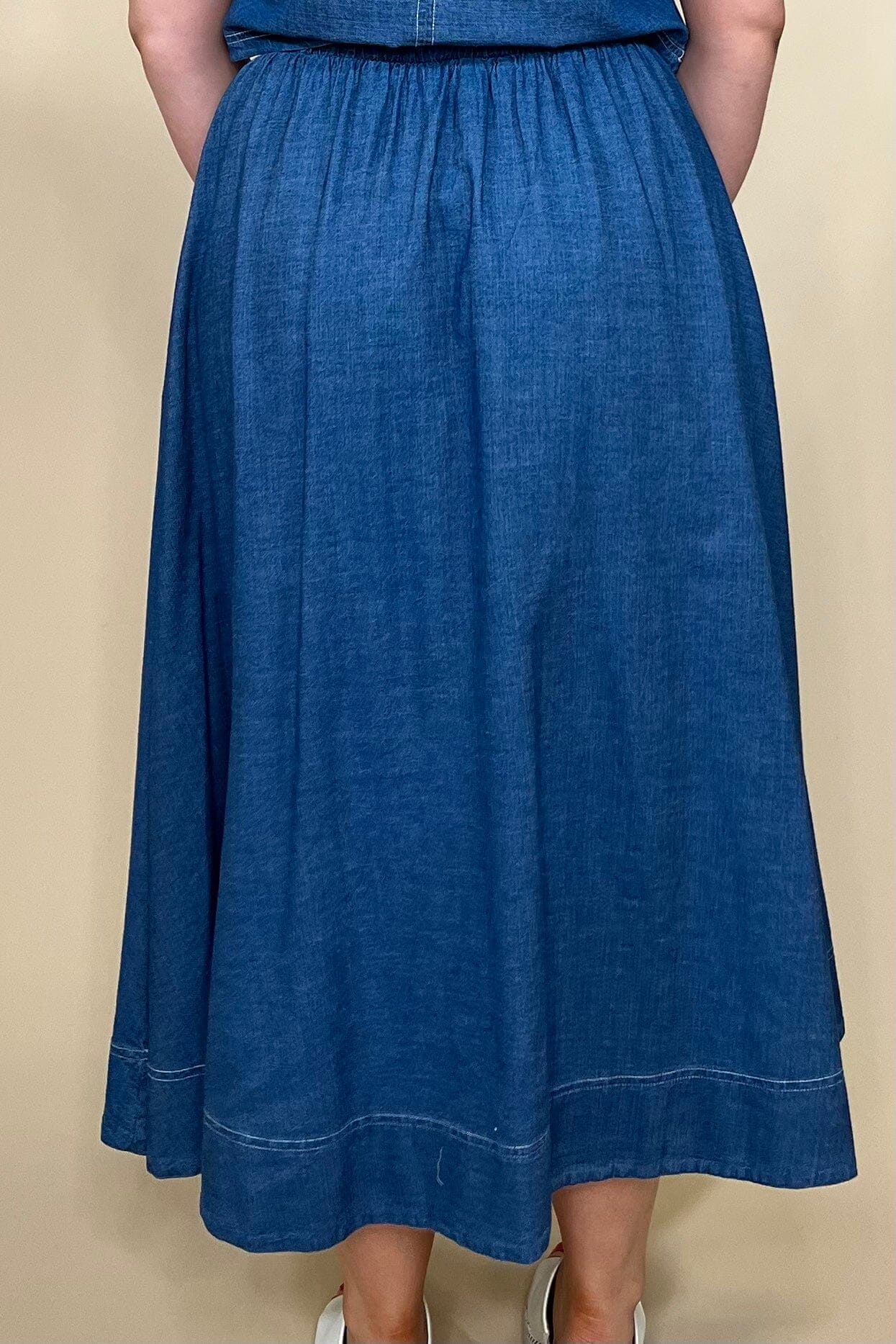 High Waist Pleated Denim Midi Skirt BOTTOMS BLUPEPPER 